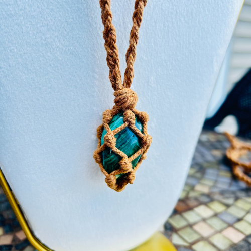 Malachite Adjustable Tan Wrapped Necklace