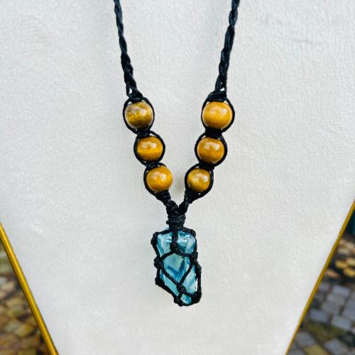 Aqua Aura Quartz Point Adjustable Wood Beaded Black Wrapped Necklace