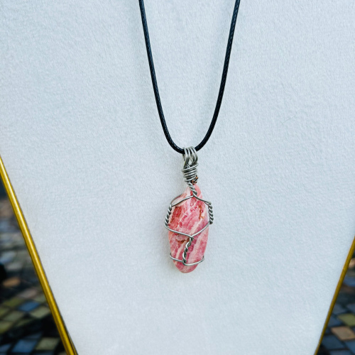 Rhodochrosite 18 Inch Silver Wire Wrapped Necklace