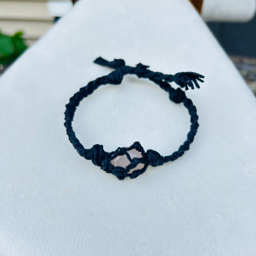 Rose Quartz Adjustable Black Wrapped Bracelet