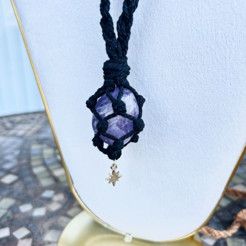 Amethyst Adjustable Black Wrapped Necklace With Star Charm