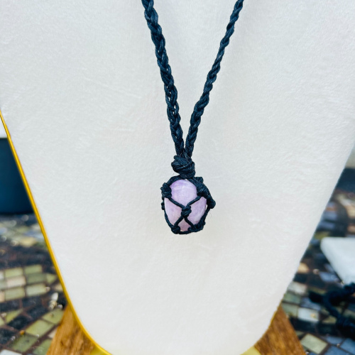 Kunzite Adjustable Black Wrapped Necklace