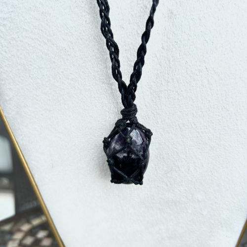 Chevron Amethyst Adjustable Black Wrapped Necklace