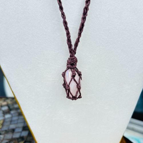 Aura Rose Quartz Adjustable Brown Wrapped Necklace