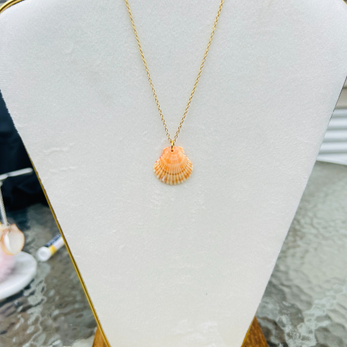 Orange Scallop Shell Necklace on 18 Inch Gold Chain