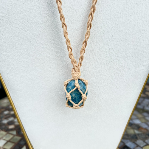 Blue Apatite Adjustable Light Tan Wrapped Necklace