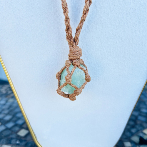 Raw Green Calcite Adjustable Tan Wrapped Necklace