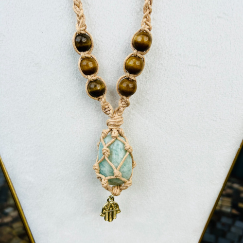 Amazonite Adjustable Wood Beaded Light Tan Wrapped Hamsa Necklace