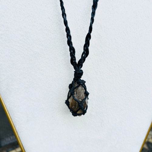 Smoky Quartz Point Adjustable Black Wrapped Necklace