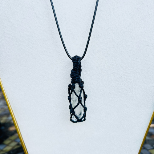 Clear Quartz Point 18 Inch Black Wrapped Necklace