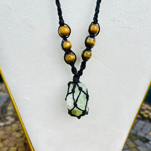 Raw Green Calcite Adjustable Wood Beaded Black Wrapped Necklace